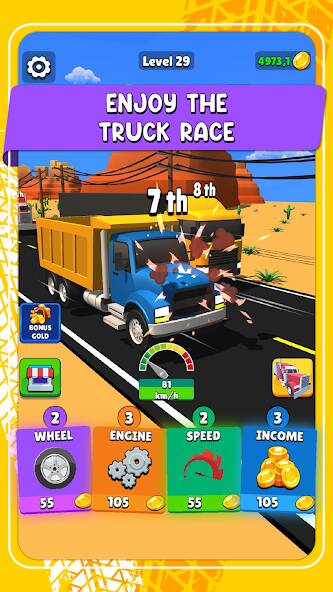 Скачать взломанную Idle Truck Racing : Cybertruck [МОД много монет] на Андроид - Версия 0.7.3 apk